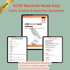Peut inclure: Un ensemble de cahiers d'exercices numériques pour l'étude de Macbeth au GCSE, avec une couverture centrale illustrée d'un corbeau et d'un crâne, entourée de deux pages détaillant l'analyse de citations et des exercices de mémorisation.