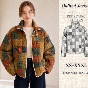 Patrón de costura para chaqueta acolchada para mujer – Abrigo acolchado de patchwork en PDF, fácil y apto para principiantes.