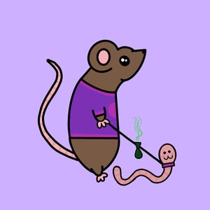 Op de afbeelding: Een cartoon illustratie van een bruine muis met een paarse top, die een pijp met groene rook vasthoudt en naar een lachende roze worm kijkt. De achtergrond is effen lichtpaars.