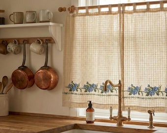 Cortinas de café de algodón natural tejidas a mano con aspecto de lino bordado para ventana de cocina.
