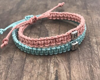 Matching Couples Bracelets, Pink and Blue Adjustable Hemp Macrame Bracelets with single initial, matching gift idea