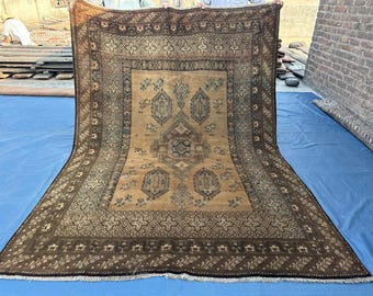 4,6 x 8,9 pi, énorme tapis afghan beige camel, laine nouée à la main, tapis turkmène neutre, tapis décoratif tribal géométrique marron foncé aux tons neutres
