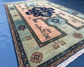 Tapis Yalameh vintage fait main 4 x 7, tapis afghan rose bleu pastel, grand tapis en laine médaillon central, déco de chambre à coucher salon bohème en sourdine
