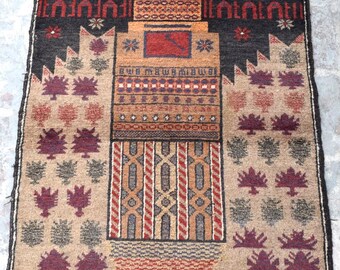 Tapis afghan vintage fait main 3 x 4,6, tapis illustré Minaret of Jam, tapis en laine d'histoire politique rare, tapisserie murale de collection éclectique
