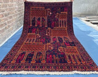 4 x 6,6 pi, fait main avec un motif de lion, tapis vintage en laine orange, tapis tribal boho unique en son genre, tapis décoratif suspendu éclectique pour la maison