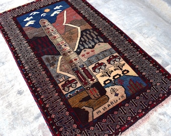 Tapis afghan vintage fait main 3 x 5, minaret de confiture, paysage pictural tapis, paysage laine rare histoire politique suspendue décoration murale