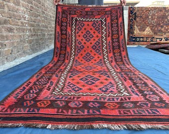 Chemin de table baloutche vintage fait main 3 x 7, tapis kilim géométrique rouge orange tissé à plat, tapis de couloir losanges tribal, tapis d'entrée de cuisine bohème
