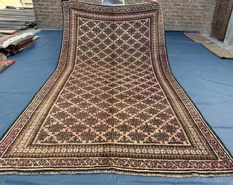 Handmade Vintage Afghan Rug 5.6x9.3, Pastel Pink Mauri Rug, Geometric Chinar Gul Trellis Wool Rug, Muted Boho Living Room Area Tribal