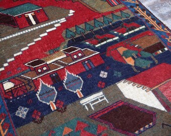 Tapis illustré afghan vintage fait main 3 x 5, tapis en laine de paysage de village lunatique, tapis de décoration murale art folklorique hélicoptère maison scène suspendue