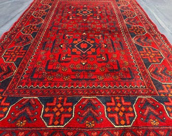 Tapis afghan vintage fait main 3 x 5, tapis rouge cramoisi vif, tapis géométrique tribal double médaillon, tapis en laine d'accent bohème bohème