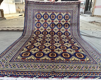Nouveau tapis afghan fait main 6 x 9, tapis bleu cobalt Mauri Bukhara, tapis géométrique en laine treillis en losanges, grand tapis de salon bohème vibrant.