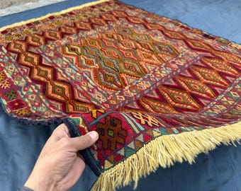 Afghanistan fait main vintage kilim 4,9 x 5,6 pi, tapis en treillis coloré, tapis tribal en laine à poils longs/mélange tissé à plat, accent estompé