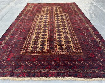 3 x 5 tapis de prière afghan baloutche : 3 x 4,6 pieds tapis mihrab en laine nouée à la main, rouge bleu marine petit tapis géométrique décoratif de sol musulman