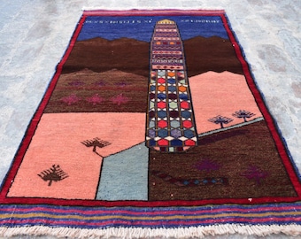 2,8 x 4,4 pi, tapis vintage afghan pictural baloutche, tapis tribal en laine fait main minaret de Jam, pour tapis artistique à accrocher au mur de la chambre à coucher.