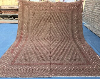 6,8 x 8,5 pi, tapis afghan vintage fait main, tapis kilim en laine marron, tribal diamant géométrique, tapis oriental authentique de salon bohème en sourdine