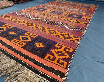 Tapis de course kilim vintage fait main 5 x 10, tapis afghan rayé géométrique coloré, tapis réversible en laine du sud-ouest, long tapis bohème vibrant