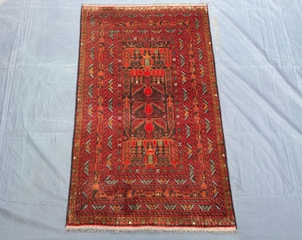 Tapis baloutche vintage fait main 3 x 5, tapis rouge arbre de vie afghan, petit tapis de prière tribal, tapis d'accent d'entrée de mauvaise humeur, tapis en laine bohème