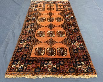 Tapis afghan terracotta, laine nouée à la main, tapis turkmène orange brûlé, décor bohème tribal géométrique, tapis d'appoint plat rustique