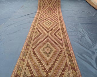 Tapis de passage kilim long 2,6 x 13, tapis de couloir afghan tissé à plat, tapis de couloir tribal losanges géométriques, tapis de décoration de sol escalier de cuisine neutre pastel