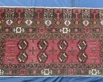 Tapis vintage fait main 3 x 5,4 pi, tapis rose fuchsia vif, tapis tribal antique médaillon, tapis à poils ras en laine d'entrée d'entrée bohème et capricieuse