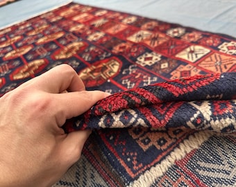 3,6 x 6 pi, tapis baloutche vintage fait main, tapis bleu marine foncé mouette boukhara afghane, petit tapis tribal Moody, tapis à poils ras pour décoration de bienvenue