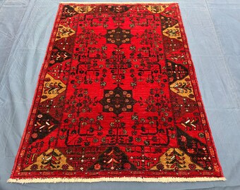 Tapis turkmène ersari fait main 2,8 x 3,8 pi, tapis rouge Boukhara, tapis géométrique octogonal gul tribal en laine, tapis de chambre d'enfant d'accent bohème bohème