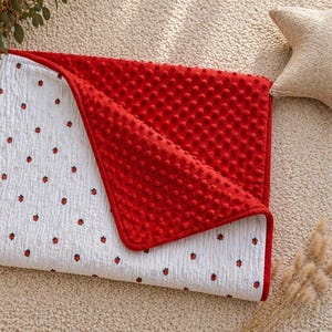 Può includere: Una coperta per bambini rossa e bianca con un motivo a coccinelle. La coperta ha un lato rosso morbido e strutturato e un lato bianco con piccoli disegni di coccinelle rosse. La coperta è piegata, rivelando entrambi i lati.