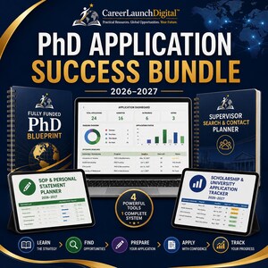 May include: A PhD Application Success Bundle 2026-2027 featuring two spiral-bound planners, a laptop displaying an application dashboard, and two tablets showing a SOP planner and a scholarship tracker, all with gold and dark blue branding.