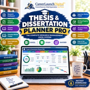 May include: A digital Thesis & Dissertation Planner Pro Excel system displayed on a laptop screen, featuring a research dashboard with progress charts, task trackers, and timelines. Includes a stack of books, a notebook, and a mug with text.