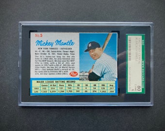 Mickey Mantle 1962 Post Cereal Card #5 SGC Graded 80 Ex/NM 6, New York Yankees, Vintage 1960s, NYY