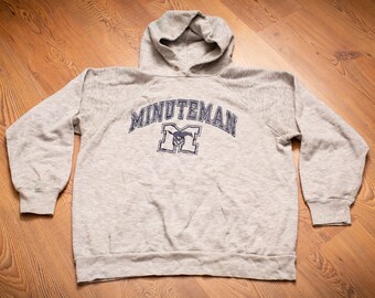 80s Minuteman Regional Vocational Technical High School Hoodie Sweatshirt, S/M, Vintage, Champion, Rayon Blend, Pullover Sweater, Tech HS