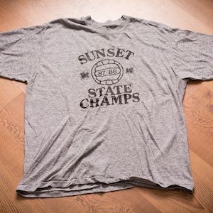 80s Sunset 1987-88 Volleyball State Champs T-Shirt, M, Rayon Tri-Blend, Soft/Thin, Vintage Graphic Tee