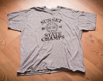 80s Sunset 1987-88 Volleyball State Champs T-Shirt, M, Rayon Tri-Blend, Soft/Thin, Vintage Graphic Tee