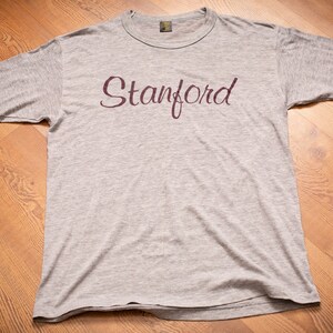 May include: A heather gray t-shirt with the word "Stanford" in maroon script across the chest. The shirt has short sleeves and a crew neck. The shirt is laid flat on a wooden surface.