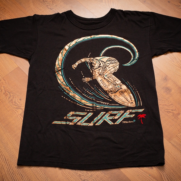 80s-90s SURF Foil Graphic T-Shirt, M, Vintage Tee, Michou Surfing, Aloha Beach Surfer, Wave Beachwear, Surfwear