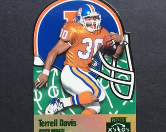 Terrell Davis 1996 Playoff Prime X’s & O’s Die Cut Insert Card #163, Denver Broncos, NFL Football, Vintage 90s