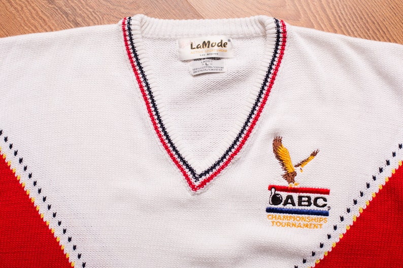 90s ABC Bowling V-Neck Sweater, M, 1990 Championships Eagle Logo, Vintage 1990s, Long Sleeve Preppy Bowler Shirt image 2
