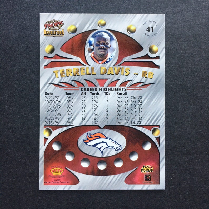 Terrell Davis 1997 Pacific Revolution Gold Foil Card 41, Denver Broncos, NFL Football, Vintage 90s image 2