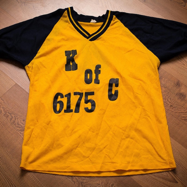70s K of C 6175 Jersey Shirt, M, Knights of Columbus, Vintage Mesh Raglan Ringer, Good Samaritan Council Sterling Virginia Baseball