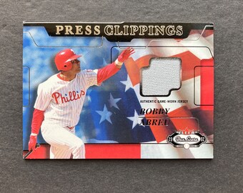 Bobby Abreu 2002 Fleer Box Score Press Clippings Game-Worn Jersey Insert Card, Philadelphia Phillies, MLB Baseball, Vintage Y2K