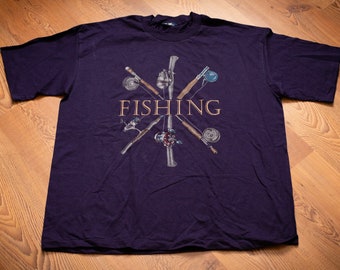 90s Van Heusen Fishing T-Shirt, XL, Vintage Graphic Tee, Pole Reels, Fisherman, Outdoors, Outdoorsman