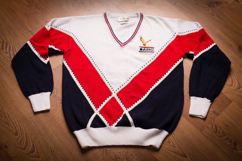 90s ABC Bowling V-Neck Sweater, M, 1990 Championships Eagle Logo, Vintage 1990s, Long Sleeve Preppy Bowler Shirt image 1