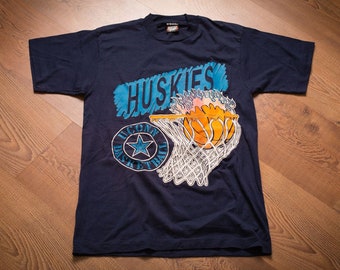 80s-90s UCONN Huskies Basketball T-Shirt, S, College University, Vintage Graphic Tee, Connecticut Team, Flaming Ball