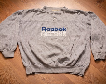 80s-90s Reebok Sweatshirt, S/M, Repeat Spell Out, Henley Collar, Vintage Rayon Tri-Blend, Athletic Sportswear