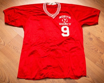 80s North Quincy Soccer Jersey 9, M, Champion Brand, Vintage Mesh Uniform T-Shirt, Red, Massachusetts