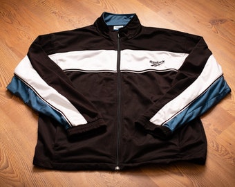 90s Reebok Logo Track Jacket, L, Vintage Outerwear, Hip Hop, Long Sleeve Shirt, Athletic Sportswear, Black, Steel Blue, White