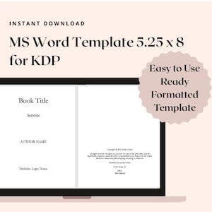Puede incluir: Una plantilla digital de MS Word para libros KDP, de 13,34 x 20,32 cm, mostrada en la pantalla de un portátil. La plantilla incluye campos para el título del libro, el subtítulo, el nombre del autor y el logotipo del editor. El texto dice "Descarga instantánea" y "Plantilla formateada lista para usar".