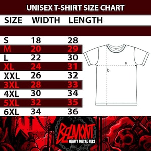 May include: A unisex t-shirt size chart with measurements in inches. Sizes range from S to 6XL, with corresponding width and length measurements. The chart includes a diagram of a t-shirt with labeled dimensions.