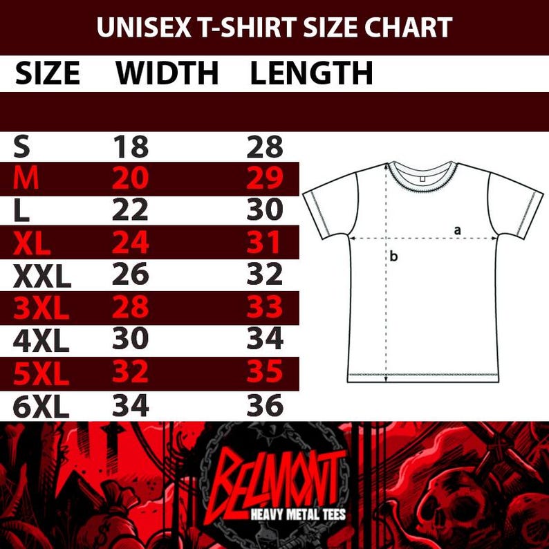 May include: A unisex t-shirt size chart with measurements in inches. Sizes range from S to 6XL, with corresponding width and length measurements. The chart includes a diagram of a t-shirt with labeled dimensions.