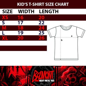 May include: A white t-shirt size chart for kids, with measurements in inches. The chart includes sizes XS to XL, with corresponding width and length measurements. The text "BELMONT HEAVY METAL TEES" is at the bottom.